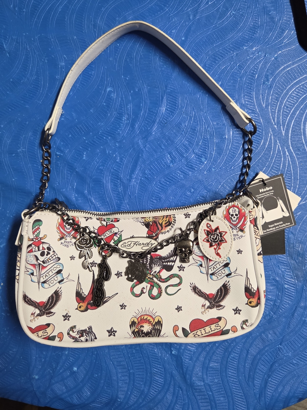 Ed Hardy White Tattoo-Print Hobo  Shoulder Bag with Charms